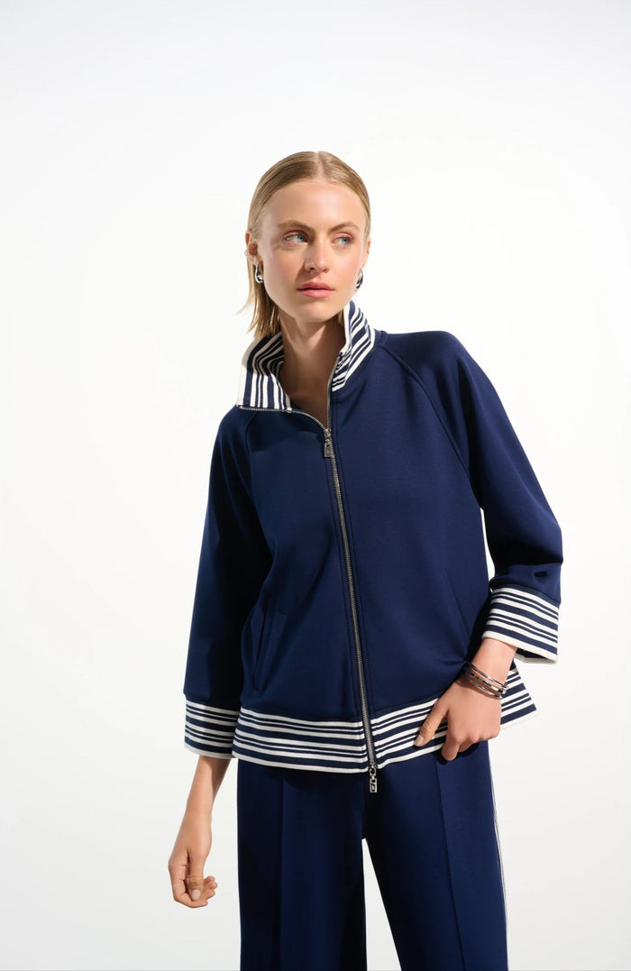 Joseph Ribkoff 261617 striped rib zip-front jacket in Indigo/Vanilla