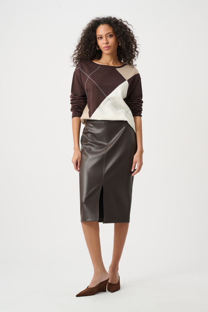 JOSEPH RIBKOFF BRUSHED VISCOSE KNIT ARGYLE PATTERN CREWNECK SWEATER TOP