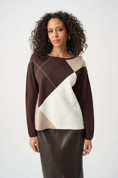 JOSEPH RIBKOFF BRUSHED VISCOSE KNIT ARGYLE PATTERN CREWNECK SWEATER TOP