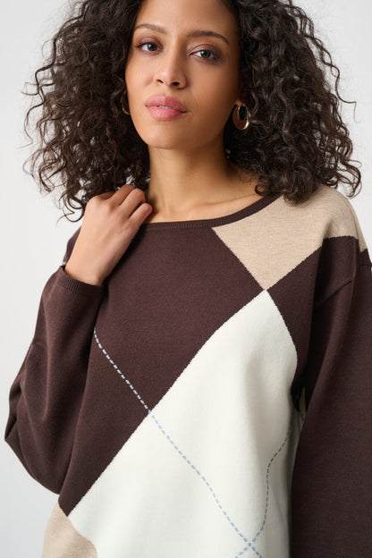 JOSEPH RIBKOFF BRUSHED VISCOSE KNIT ARGYLE PATTERN CREWNECK SWEATER TOP
