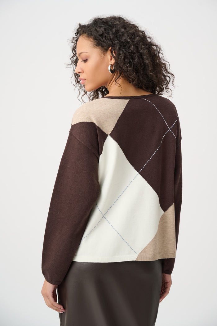 JOSEPH RIBKOFF BRUSHED VISCOSE KNIT ARGYLE PATTERN CREWNECK SWEATER TOP