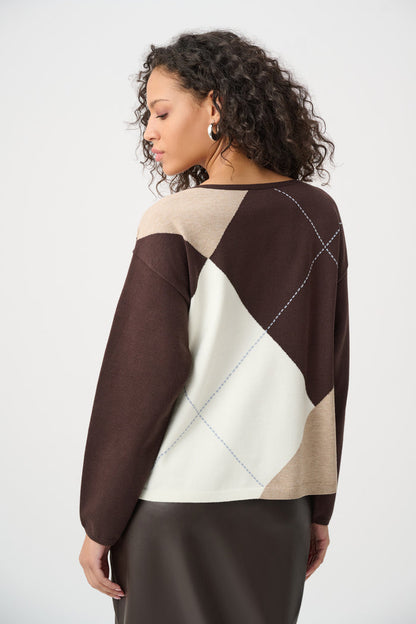 JOSEPH RIBKOFF BRUSHED VISCOSE KNIT ARGYLE PATTERN CREWNECK SWEATER TOP