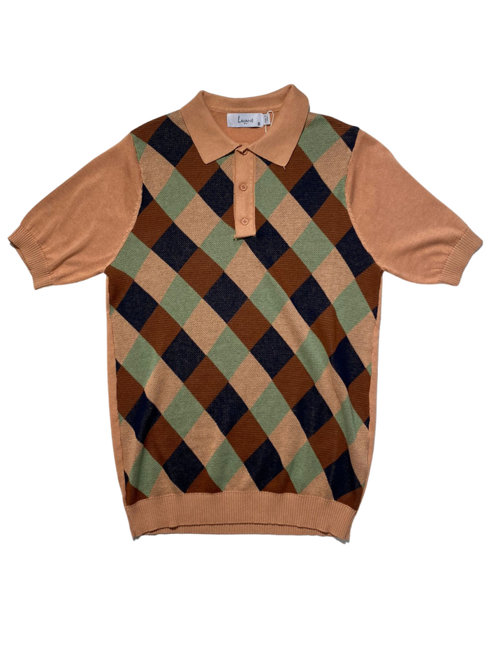 Lavane Mens Brown Argyle Cotton Rayon Blend Short Sleeve Knit Casual Shirt
