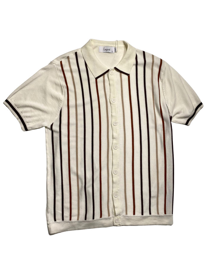 Lavane Mens Cream Striped Cotton Rayon Blend Knit Button-Up Polo Casual Shirt