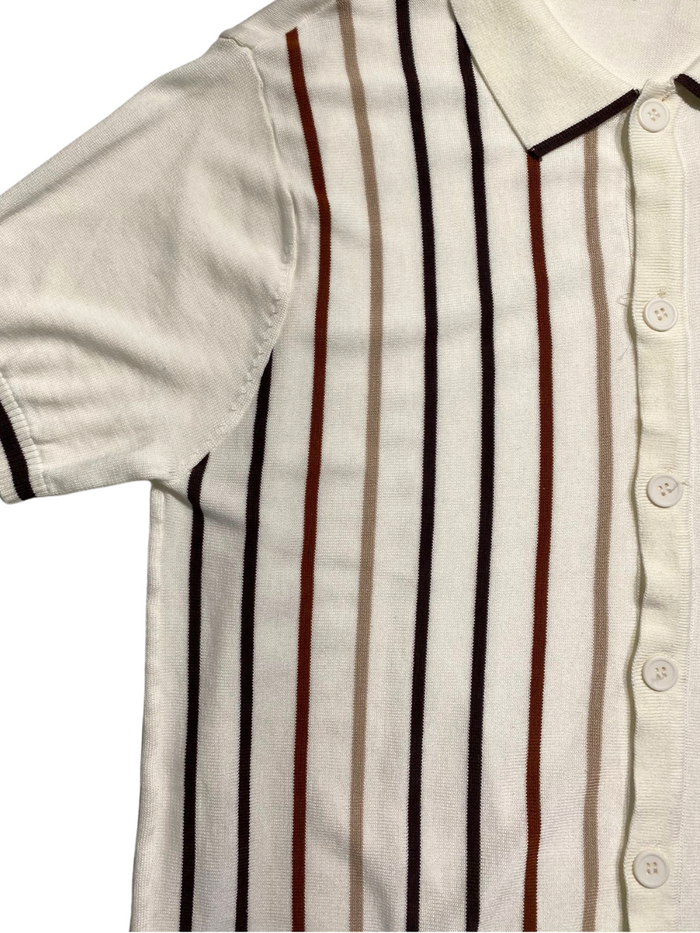 Lavane Mens Cream Striped Cotton Rayon Blend Knit Button-Up Polo Casual Shirt