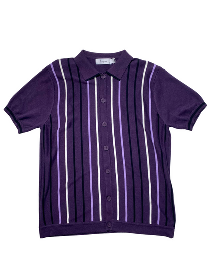 Lavane Mens Eggplant Striped Cotton Rayon Blend Knit Button-Up Polo Casual Shirt
