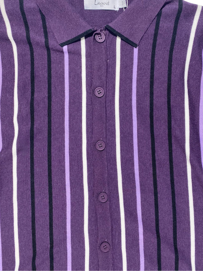 Lavane Mens Eggplant Striped Cotton Rayon Blend Knit Button-Up Polo Casual Shirt