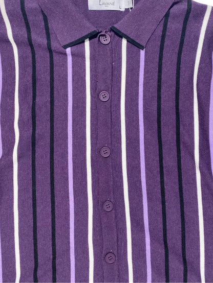 Lavane Mens Eggplant Striped Cotton Rayon Blend Knit Button-Up Polo Casual Shirt