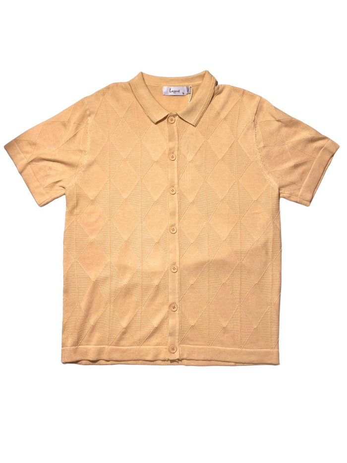 Lavane Mens Gold Textured Diamond Knit Button-Up Polo Casual Shirt