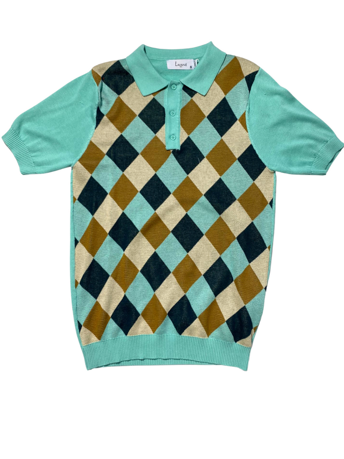 Lavane Mens Mint Argyle Cotton Rayon Blend Short Sleeve Knit Casual Shirt