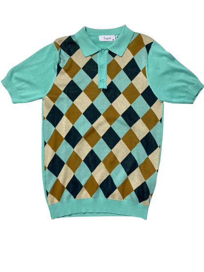 Lavane Mens Mint Argyle Cotton Rayon Blend Short Sleeve Knit Casual Shirt