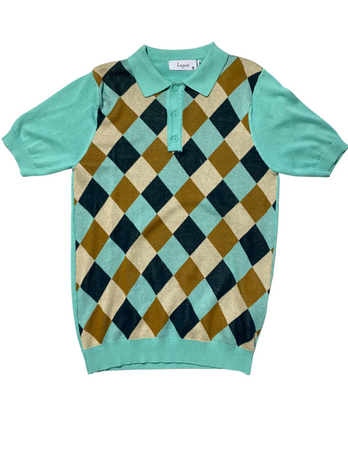 Lavane Mens Mint Argyle Cotton Rayon Blend Short Sleeve Knit Casual Shirt