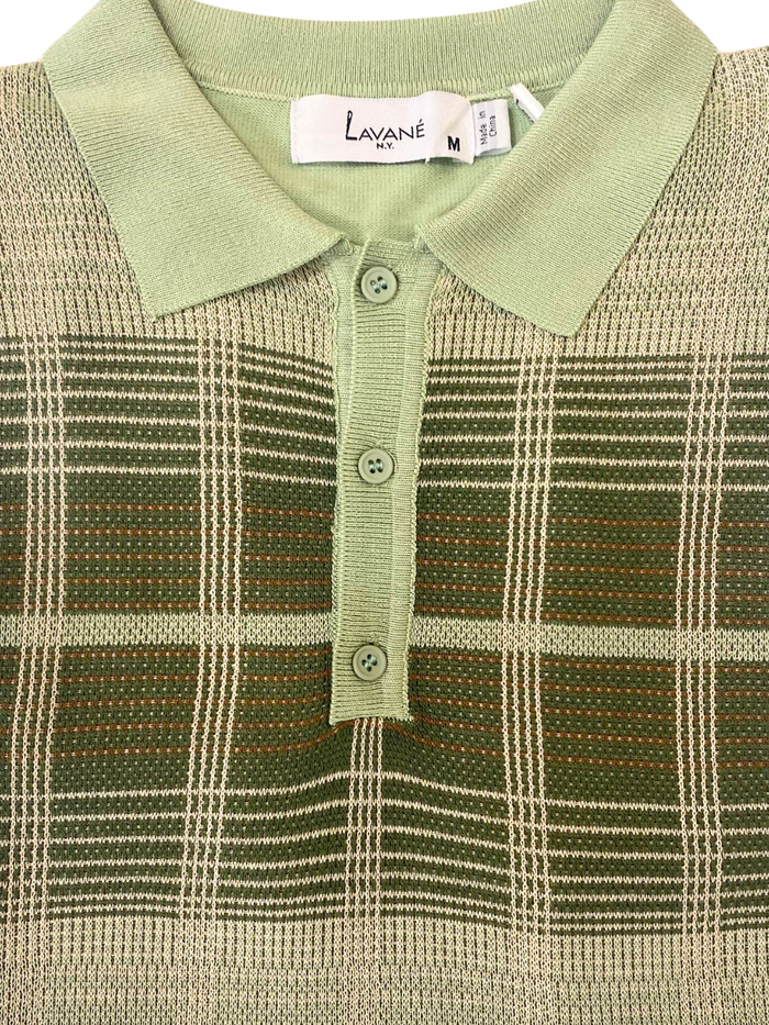 Lavane Mens Sage Green Plaid Short Sleeve Knit Polo Casual Shirt