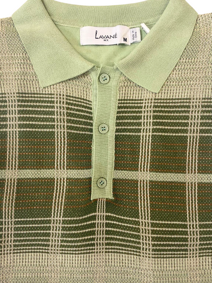 Lavane Mens Sage Green Plaid Short Sleeve Knit Polo Casual Shirt