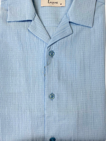 Lavane Mens Sky Blue Textured Short Sleeve Cuban Collar Button-Up Casual Shirt