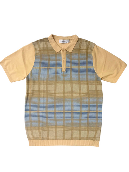 Lavane Mens Tan Plaid Short Sleeve Knit Polo Casual Shirt