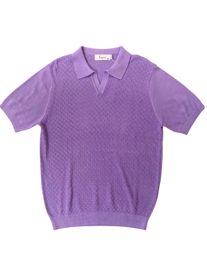 Lavane Mens Violet Textured Short Sleeve Johnny Collar Knit Polo Casual Shirt