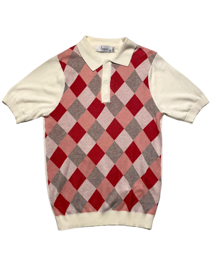 Lavane Mens White Argyle Cotton Rayon Blend Short Sleeve Knit Casual Shirt
