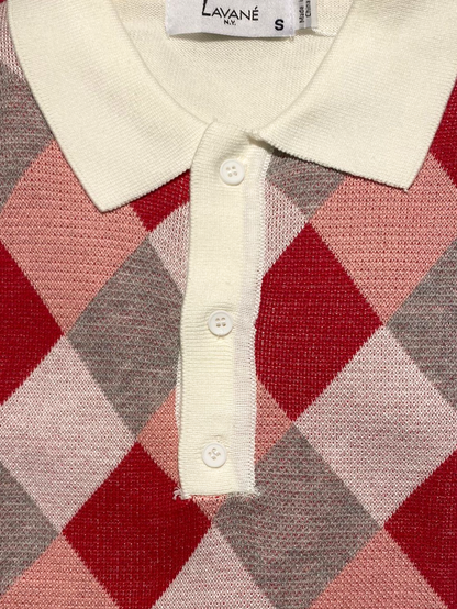 Lavane Mens White Argyle Cotton Rayon Blend Short Sleeve Knit Casual Shirt