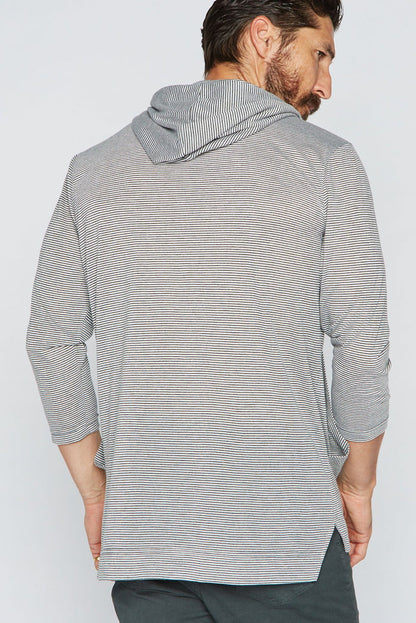 Men's 3/4 Sleeve Cowl Neck Visor Hoodie - Grey & White Stripe - view 2