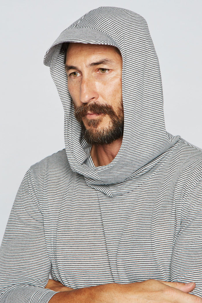 Men's 3/4 Sleeve Cowl Neck Visor Hoodie - Grey & White Stripe - view 3