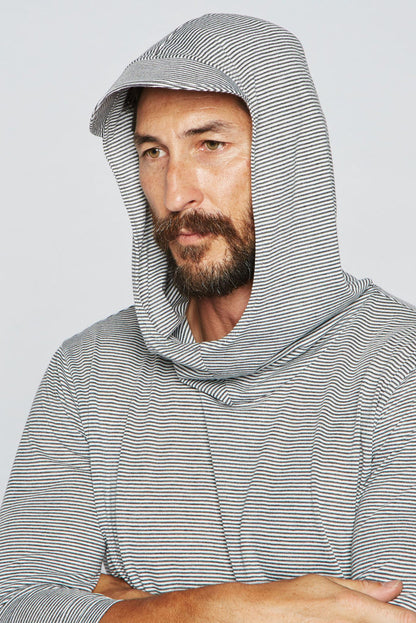 Men's 3/4 Sleeve Cowl Neck Visor Hoodie - Grey & White Stripe - view 3