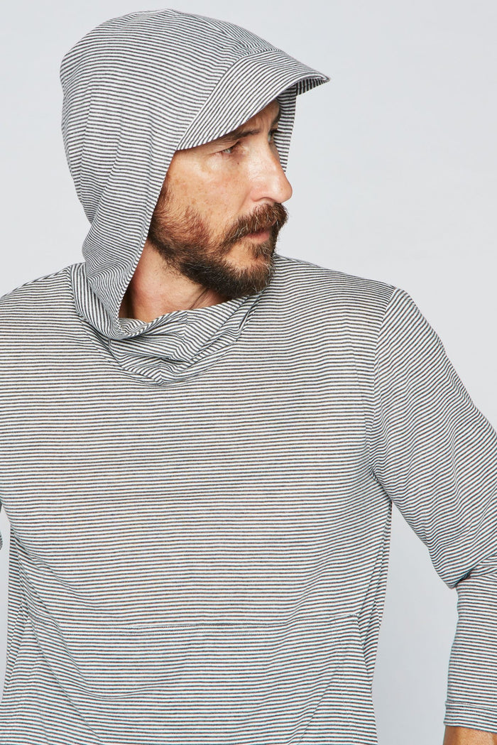 Men's 3/4 Sleeve Cowl Neck Visor Hoodie - Grey & White Stripe - view 4