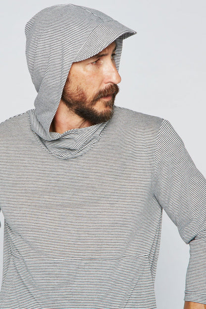 Men's 3/4 Sleeve Cowl Neck Visor Hoodie - Grey & White Stripe - view 4