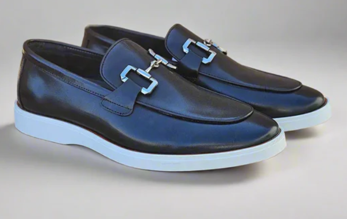 Men's Black Leather Horsebit Loafers with Sporty White Sole