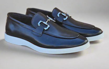 Men's Black Leather Horsebit Loafers with Sporty White Sole