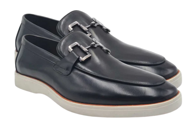 Men's Black Leather Horsebit Loafers with Sporty White Sole