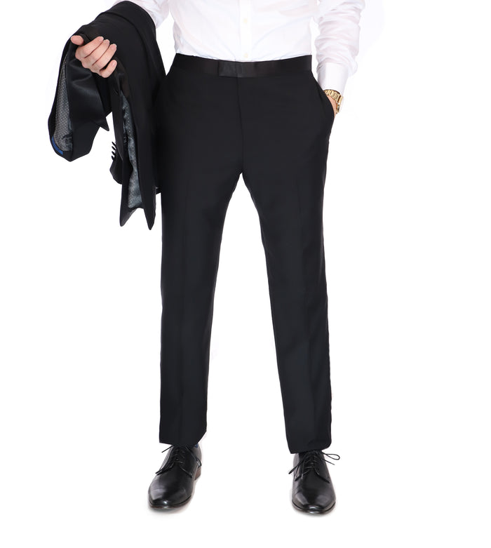 Men's Blujacket Black 100% Wool Classic Fit Tuxedo Dress Pants with Satin Ribbon - The Suit Depot
