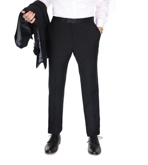 Men's Blujacket Black 100% Wool Classic Fit Tuxedo Dress Pants with Satin Ribbon - The Suit Depot