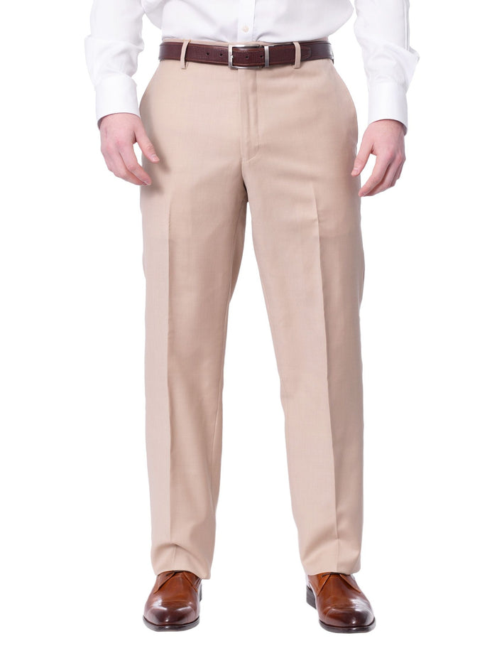 Mens Classic Fit Solid Light Tan Flat Front Wool Dress Pants - The Suit Depot
