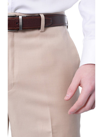 Mens Classic Fit Solid Light Tan Flat Front Wool Dress Pants - The Suit Depot