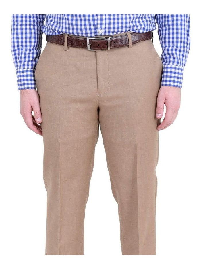 Label M PANTS Mens Classic Fit Solid Tan Flat Front Wool Dress Pants