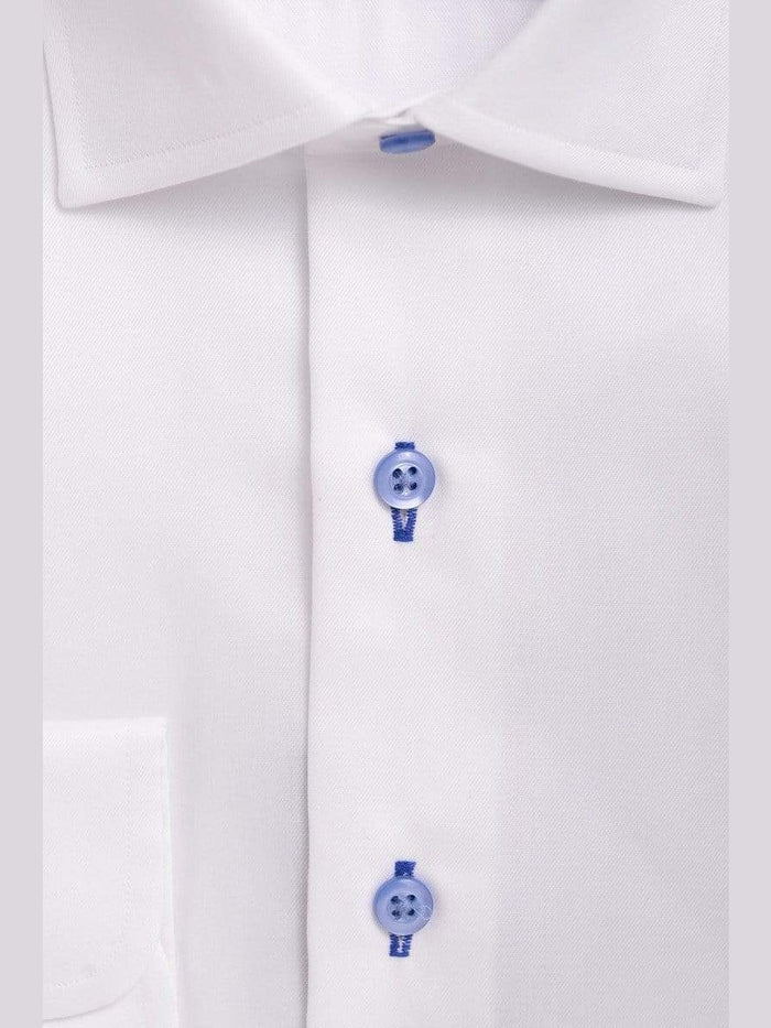 Proper Shirtings SHIRTS Mens Classic Solid White With Blue Buttons Spread Collar Cotton Dress Shirt
