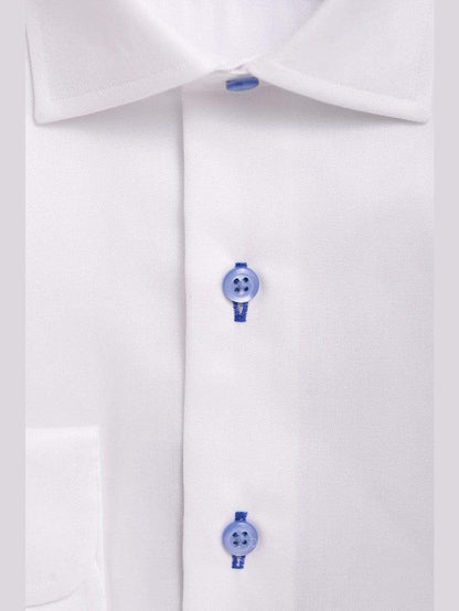 Proper Shirtings SHIRTS Mens Classic Solid White With Blue Buttons Spread Collar Cotton Dress Shirt