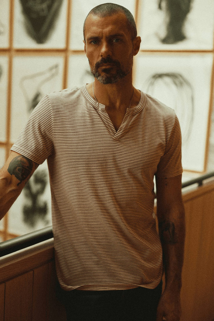 Men's Cotton Cross V-Neck Stripe Tee