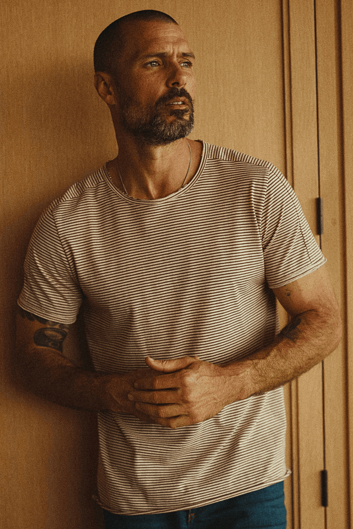 Men's Cotton Raw Edge Patch Sleeve Stripe Tee