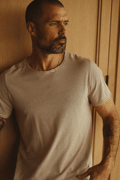 Men's Cotton Raw Edge Patch Sleeve Stripe Tee - view 3