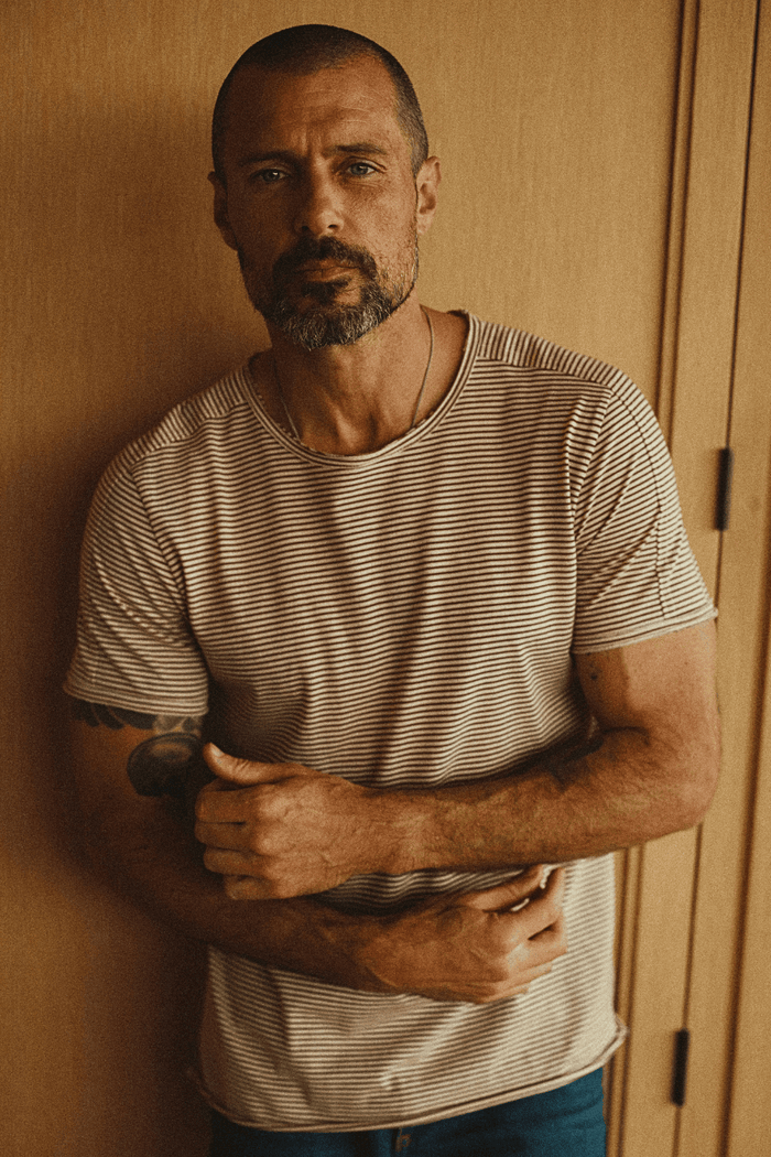 Men's Cotton Raw Edge Patch Sleeve Stripe Tee - view 6