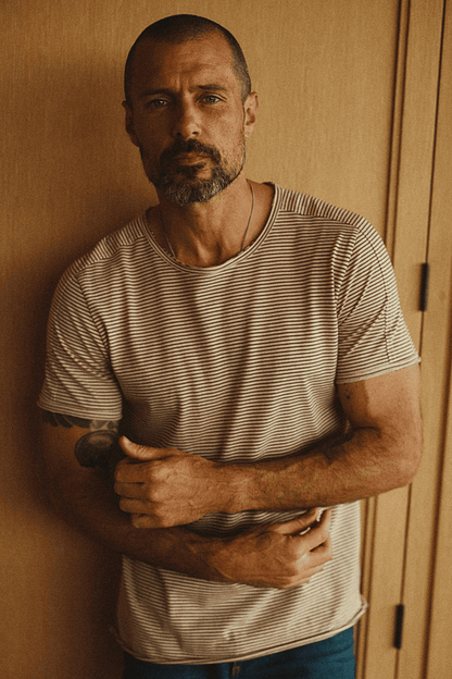 Men's Cotton Raw Edge Patch Sleeve Stripe Tee - view 6