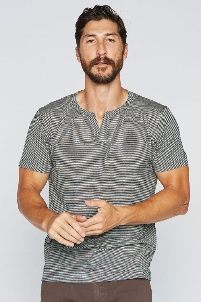Men's Cross V-Neck Stripe Tee - Black / White Mini Stripe