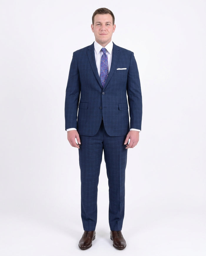 Mens Extra Slim Fit Blue Windowpane Two Button Wool Blend Suit - The Suit Depot