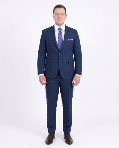Mens Extra Slim Fit Blue Windowpane Two Button Wool Blend Suit - The Suit Depot