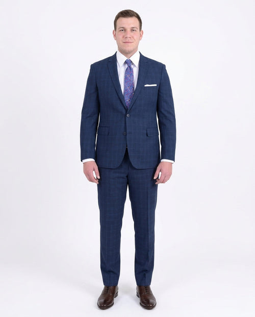 Mens Extra Slim Fit Blue Windowpane Two Button Wool Blend Suit - The Suit Depot