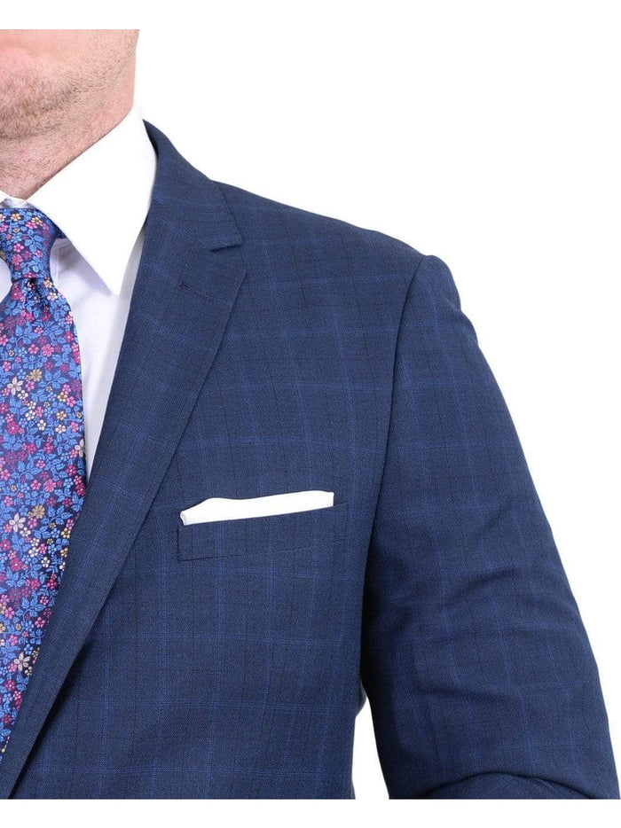 London Fog TWO PIECE SUITS Mens Extra Slim Fit Blue Windowpane Two Button Wool Blend Suit