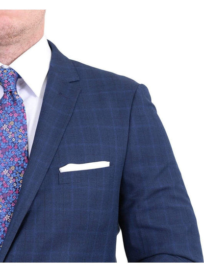 London Fog TWO PIECE SUITS Mens Extra Slim Fit Blue Windowpane Two Button Wool Blend Suit