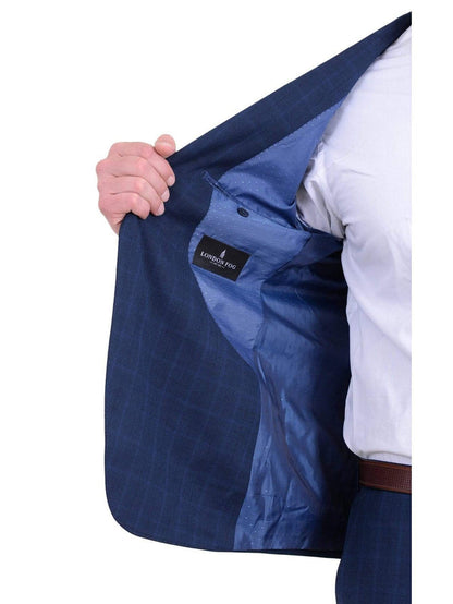 London Fog TWO PIECE SUITS Mens Extra Slim Fit Blue Windowpane Two Button Wool Blend Suit